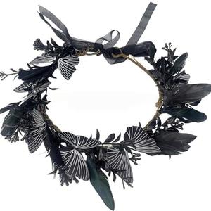 2 x HPMAISON Handmade Gothic Dark Fairy Crown Medieval Floral Butterfly Feather Headpiece Black Fairy Tiara Headband Renaissance Halloween Witch Cosplay Hair Accessory Elf Costume for Woman Goth Wedding