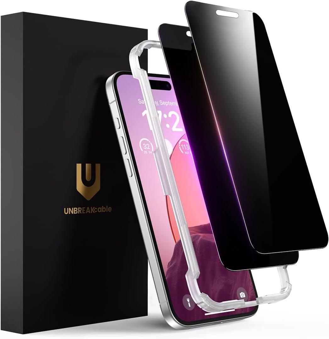 UNBREAKcable Privacy Screen Protector for iPhone 16, Full Coverage Shatterproof Tempered Glass [True 28°Anti Spy] [9H Hardness] [Easy Installation Frame] 2-Pack Private Screen for iPhone 16