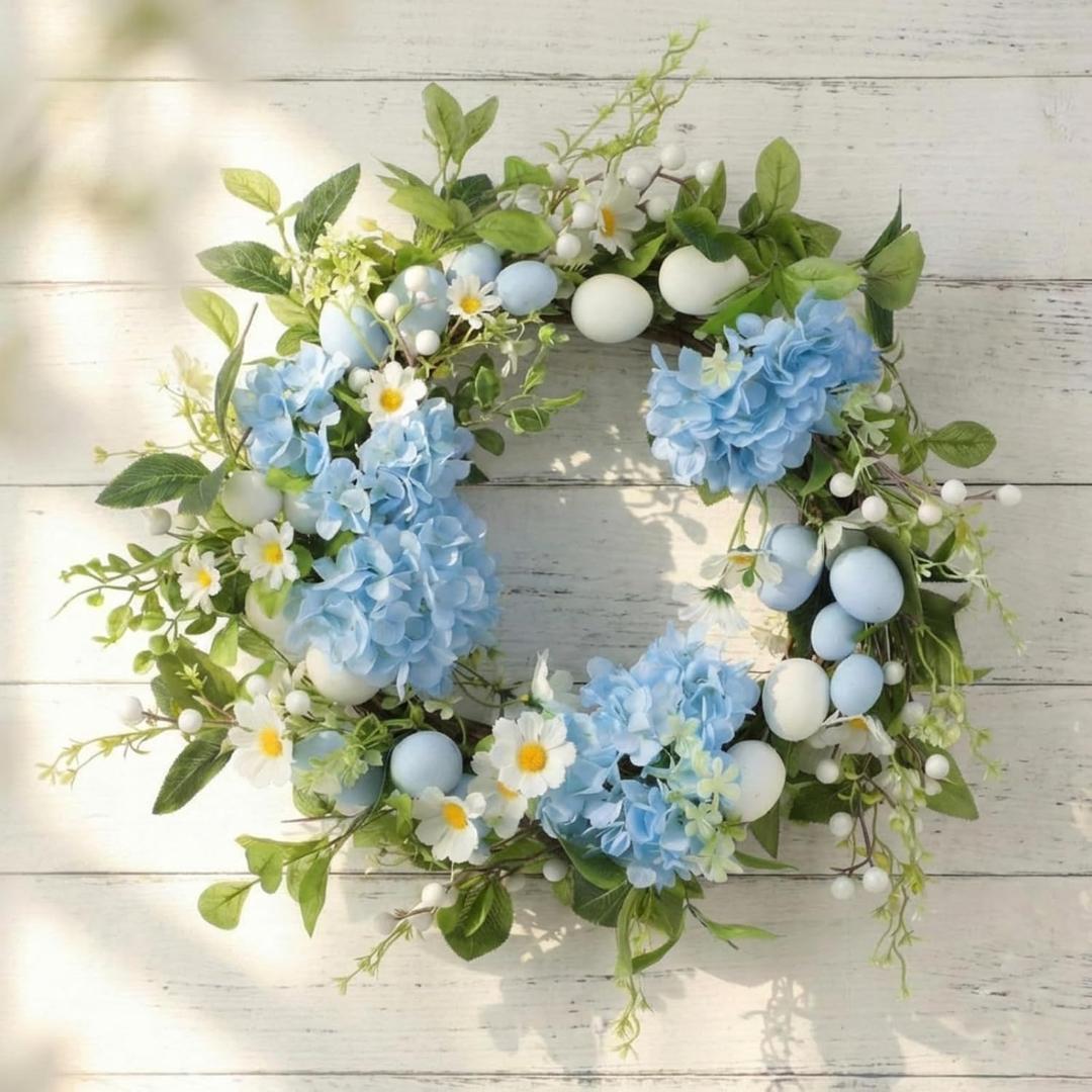 Suncalla 16 Inch Easter Eggs Wreaths for Front Door Hydrangea Easter Wreaths Artificial Blue White Floral Spring Summer Wreath for Front Door Indoor Outdoor Home Porch Wall Window Festival Decoration