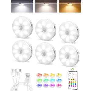 EZVALO 6-Pack Under Cabinet Lighting, Rechargeable Motion Sensor Puck Light with Remote, 3 Color Temps & 12 RGB Colors, Magnetic Stick on Light, Dimmable Under Counter Light for Kitchen, Home Decor