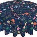 Spring Summer Floral Tablecloth Round 70 Inch Farmhouse Navy Blue Background Wildflower Round Tablecloth Polyester Washable Table Cover Table Cloth for Kitchen Dining Room Picnic Patio Party