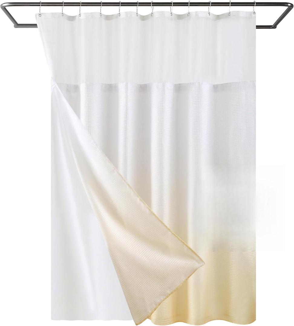 YI & ZE Waffle Weave Shower Curtain with Snap-in Fabric Liner Set, Hotel Style, Slub Textured Shower Curtain, 12 Metal Hooks Included, Waterproof Washable Heavyweight Fabric, Yellow, 72" W x 72" H