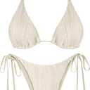 ZAFUL Bikini Sets for Women Halter Two Piece Swimsuit Ribbed High Cut Tie Side Thong Bathing Suit Sexy Padded Swimwear (Large, Beige)