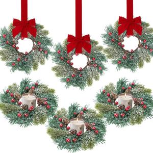 Sggvecsy 6 Pcs Christmas Candle Rings Norfolk Pine Wreath Table Centerpieces Artificial Red Berries Pinecones Small Wreaths Kitchen Cabinets Pillars Mini Candle Rings for Window Front Door Decor (9 inches diameter (6 Pieces))