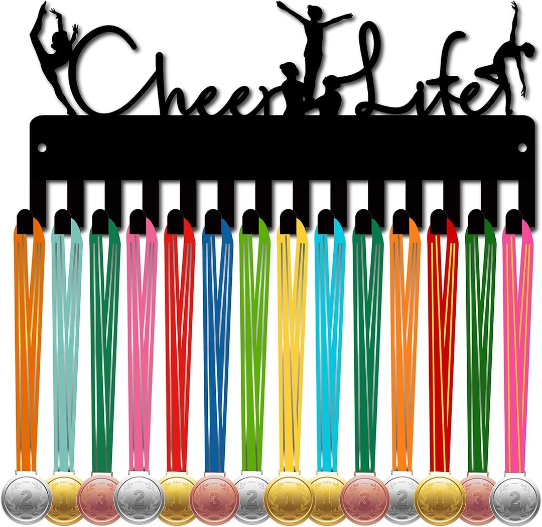CREATCABIN Cheer Life Medal Holder Medal Hanger Display Rack Sports Metal Hanging Awards Iron Small Mount Decor with 14 Hooks for Wall Home Badge Soccer Swimming Black 11.4 x 5.1 Inch