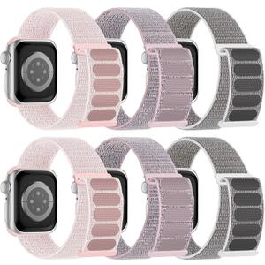 6 Pack Sport Nylon Loop Band Compatible with Apple Watch Band 38mm 40mm 41mm 42mm 44mm 45mm 46mm 49mm for Women Men, Adjustable Breathable Braided Straps for iWatch Series 11/10/9/8/7/6/5/4/3/SE/Ultra (Pink Sand/Pink Sand/Pearl Pink/Pearl Pink/Sea Shell/Sea Shell)