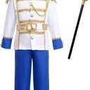 ODASDO Boy Prince Charming Costume Halloween King Cosplay Knight Dress Up Medieval Royal Prince Outfit for Birthday Christmas (8-10 Years, Royal Blue Scepter Set)