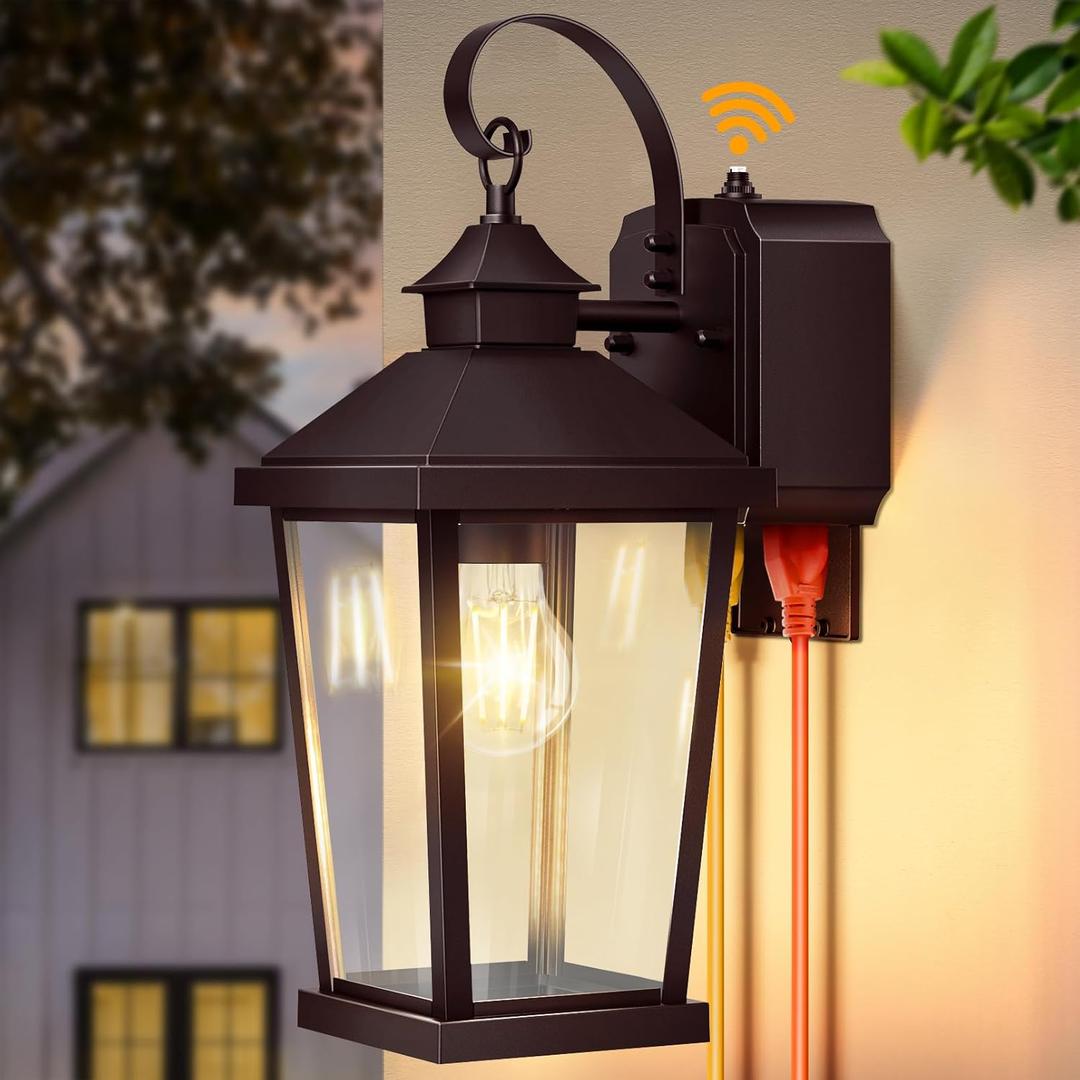 Porch Lights with Outlet, 16.5" Large Dusk to Dawn Outdoor Wall Lights, Black Exterior Light Fixtures, Anti-Rust Waterproof Wall Sconce, Outside Light for House Garage Patio, Bronze