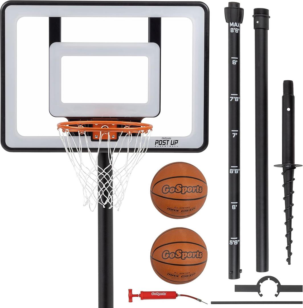 GoSports Post Up Portable Beach Basketball Hoop for Kids and Adults - Play on Grass or Sand - Includes 2 Basketballs, Pump and Accessories Tote