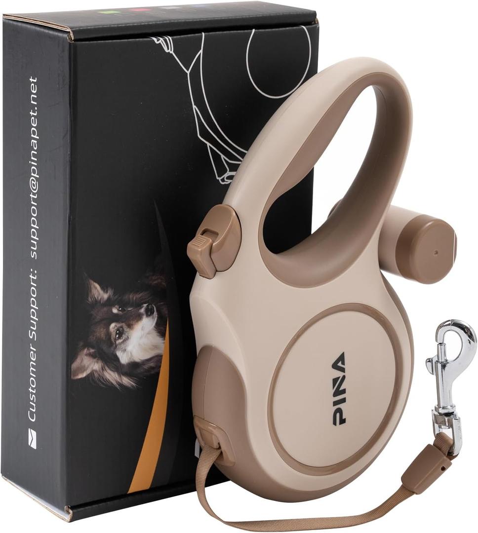 PINA Upgraded Retractable Dog Leash, 26 ft Dog Leash for Small Medium Large Dogs Up to 110lbs, Heavy Duty Reflective Nylon Tape 360 Tangle-Free, with Anti-Slip Handle, One-Handed Brake, Pause, Lock (Khaki)