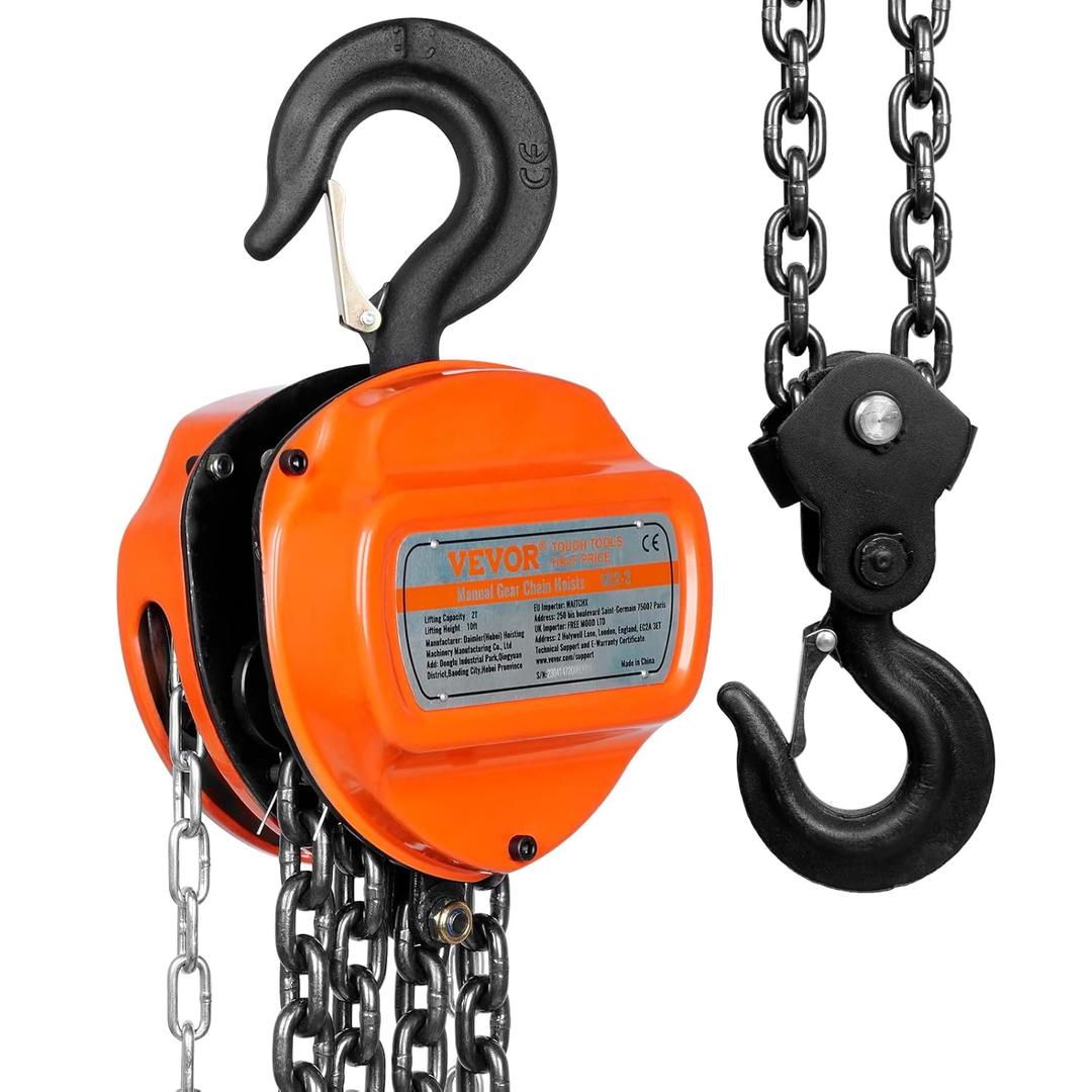 VEVOR Hand Chain Hoist, 2 Ton 4400 lbs Capacity 10 FT Come Along, G80 Galvanized Carbon Steel with Double-Pawl Brake, Auto Chain Leading & 360 Rotation Hook, for Garage Factory Dock