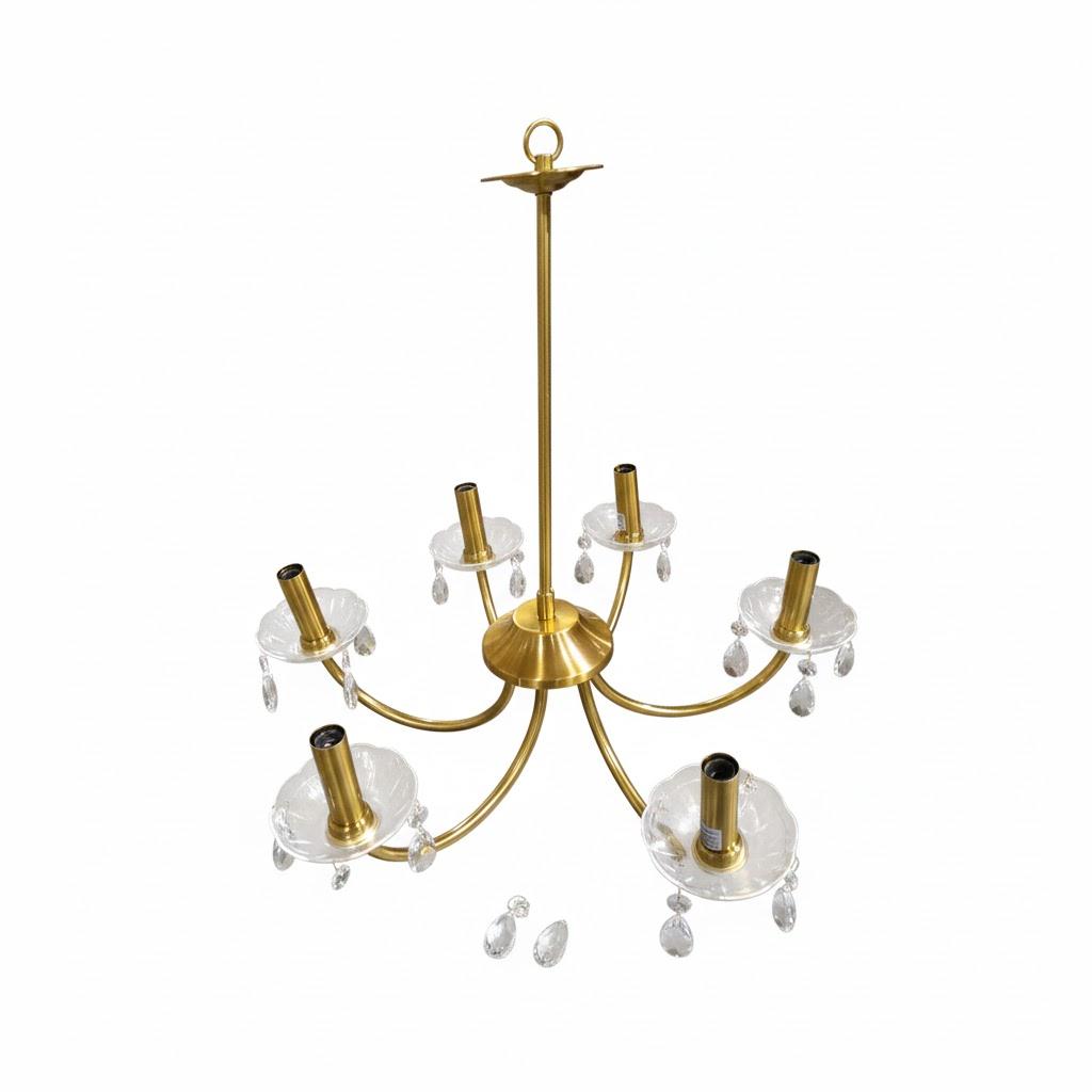 Gold Brass 6 Arm Chandelier with Crystal Pendant Cups 