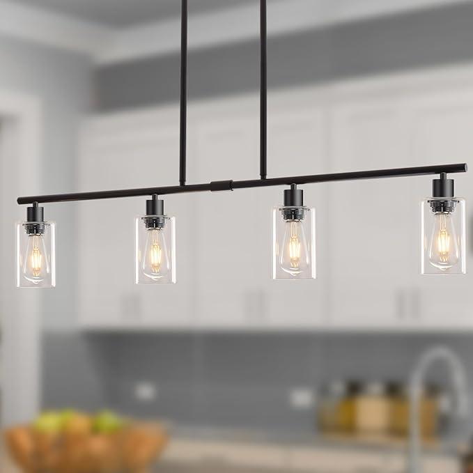 Kitchen Island Lighting, 4 Lights Linear Chandeliers Pendant Light Fixtures for Dining Room Farmhouse Hanging Light with Glass Shades(Black)