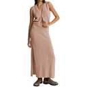 Pink Queen Women's Skirt Set 2 Piece Outfits Sleeveless Button Crop Top Wedding Slit Pencil Maxi Long Dress Oatmeal, Medium