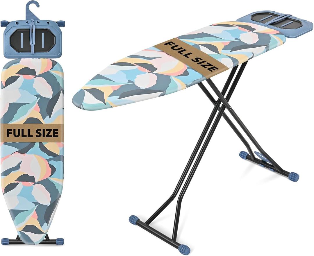 Ironing Board(45 x 15 in) 7 Height Options, Metal Panel Foldable Iron Board with Rest, Compact Portable Ironing Board, Heavy Duty Folding Iron Stand with Hanger, Dark Blue 