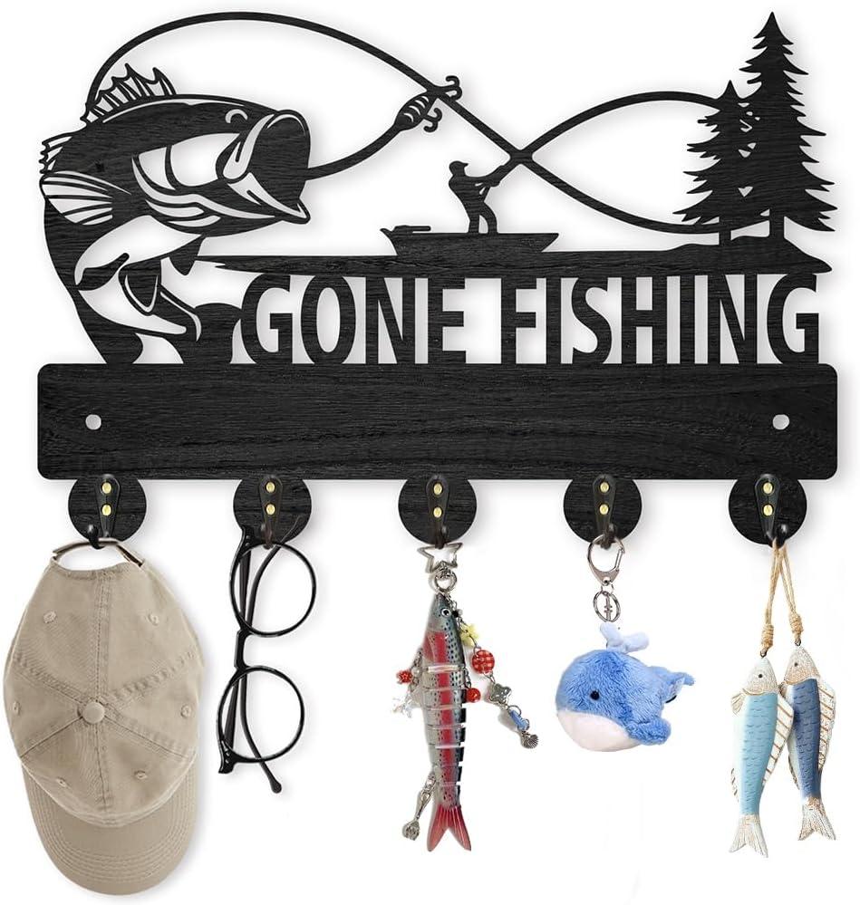 MAYJOYDIY Wood Fish Coat Rack, 5 Alloy Hooks, Wall Mounted, 11.8x8inch, Fishing Theme, Art Deco Style, Hallway Entryway Kitchen Gift
