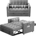 Marsail 3-in-1 Convertible Futon Sleeper Sofa Bed, Pull Out Couch with Adjustable Backrest, USB Charging & Side Pockets, Velvet Fabric Sofa for Living Room, Apartment, Loveseat, Grey