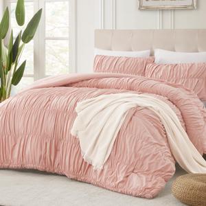 Andency Ruched Blush Pink Full Size Comforter Sets, Shabby Chic Pleatd Bedding Sets 3 Pieces, Lightweight Soft Boho Ruffle Bed Set for Girls, Kids, Women, All Season