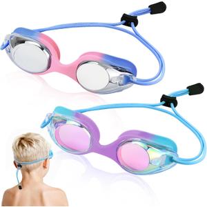 Vvinca Kids Swim Goggles with Bungee Strap No Leaking Anti Fog Toddler Goggles with Quick Adjust Ages 3-14 (01- Blue Pink & Blue Purple)
