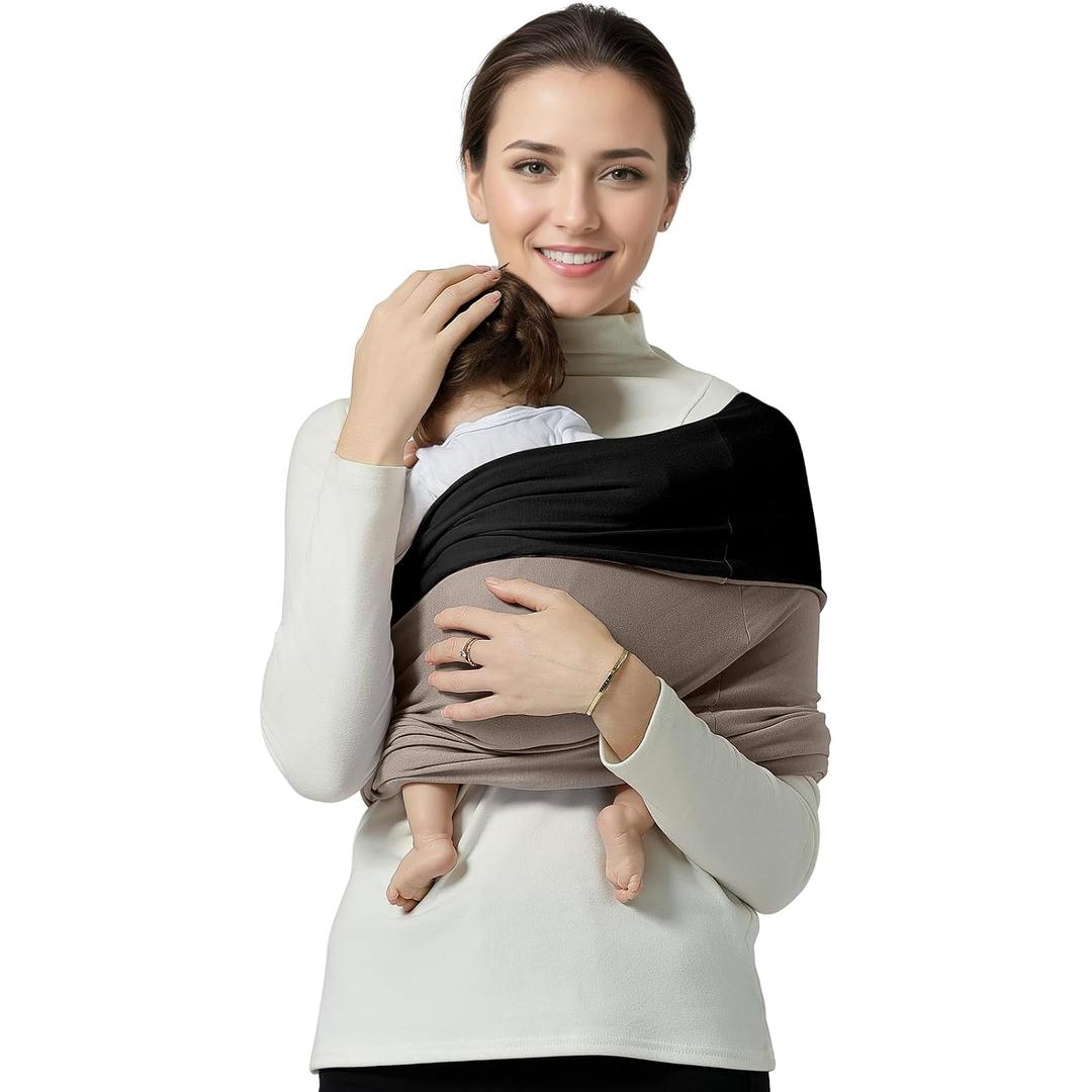 Baby Wrap Carrier, Lightweight Baby Wearing Wraps for Newborn and Infant, Soft Swaddle Holder Carrier, Cozy Baby Sling, L Black+Brown