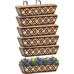 Y&M 6pcs 24 Inch Window Deck with Coco Liner, Fence Metal Hanging Flower Planter Window Basket Deck Railing Planter Boxes for Outdoor Garden Lawn