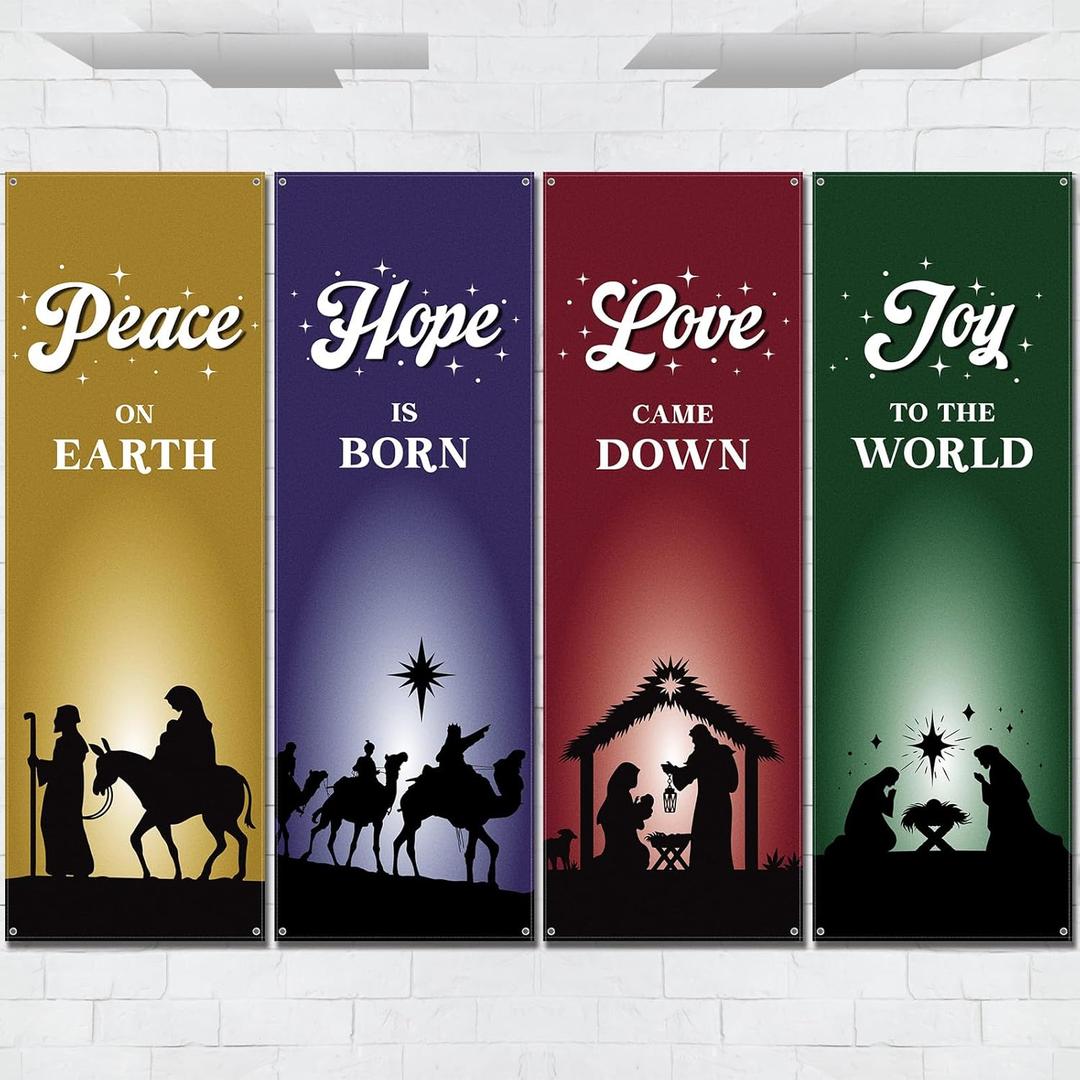 Hosuly 4 Pcs Church Banners for Sanctuary Wall Nativity Scene Christmas Welcome Religious Hanging Signs for Church Holiday Nativity Decor, 2 Feet x 6 Feet (Multicolor)