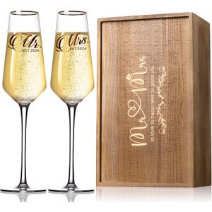 Wedding Champagne Flutes Glasses Set of 2, Hand Blown Wedding Toasting Flutes for Bride and Groom, Mr and Mrs Champagne Glasses for Wedding Engagement Anniversary Bridal Shower(Commemorative Box Set)
