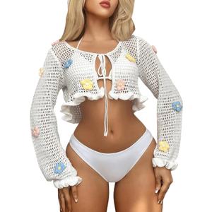 Milumia Women's Tie Crochet Long Sleeve Open Front Lightweight Knit Cropped Cardigan Sweaters Cover Up (White, L)