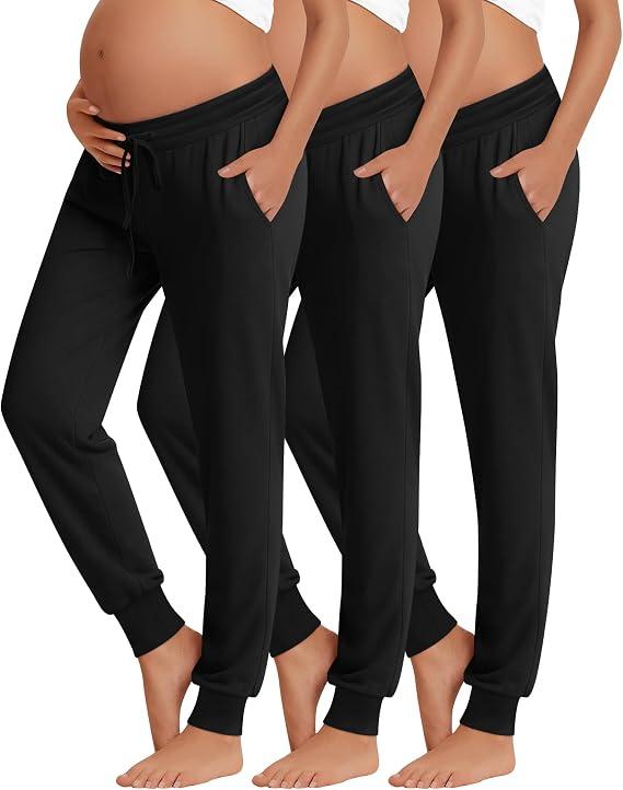 Sweetyweee 3 Pack Women's Lounge Maternity Pants, Casual Joggers Underbelly Pregnancy Sweatpants with Drawstring and Pockets(Black, Black, Black,Large)