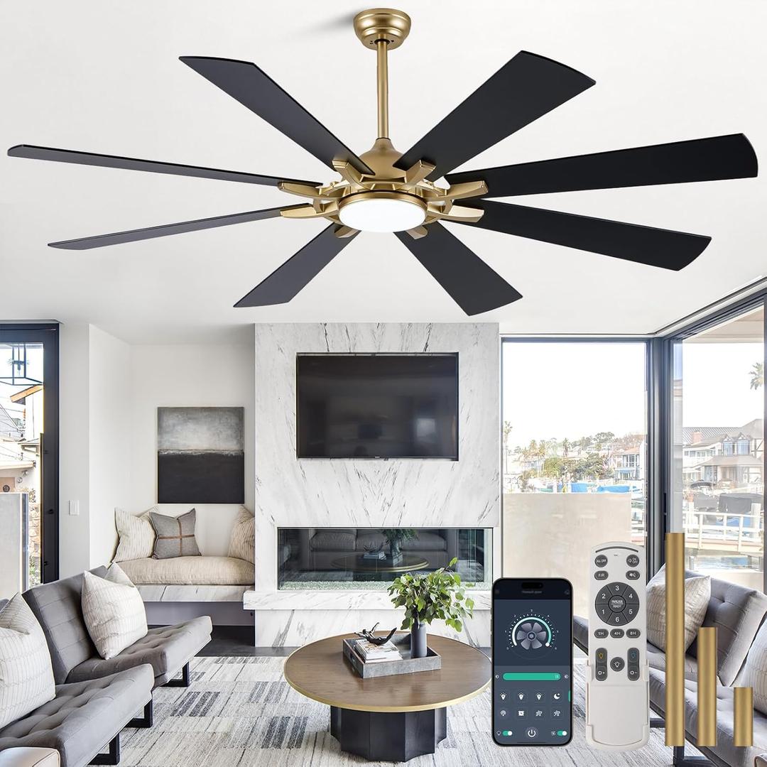 Bella Depot 72" Black and Gold Ceiling Fan with Light Large Ceiling Fan with Remote Dimmable LED Tri-Color Temperature 6-Speed Quiet DC Motor Chandelier Fan for Bedroom Living Room Patio
