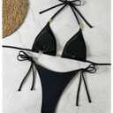 RoseSeek Women's 2 Piece Beaded Bikini Sets Spaghetti Strap Triangle Halter Swimsuits Elegant Beach Outfits Black Medium (Black, M)