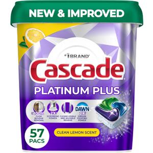 Cascade Platinum Plus Dishwasher Pods, Dishwasher Detergent, Dish Detergent Soap, Lemon, 57 Count Cascade Platinum Plus Dishwasher Pods, Dishwasher Detergent, Dish Detergent Soap, Lemon, 57 Count