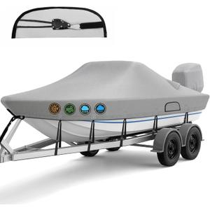 Ratchet Hurricane Proof Heavy Duty Waterproof Boat Cover, 16-18.5ft Mooring & Trailerable 1200D Bass Boat Cover with Motor Cover for Bass Tracker,Gray