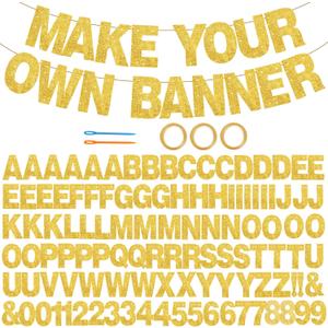 BEISHIDA 116 PCS A-Z Glitter Gold DIY Letter Banner Kit Make Your Own BannerIncluding 111 Letters and Numbers 3 Rope and 2 Threading Device,Customized for Birthday Graduation Wedding Party Decor