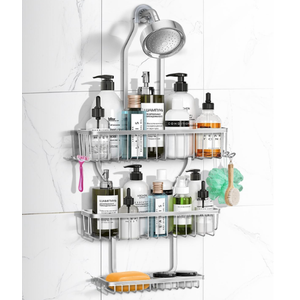 Shower Caddy Hanging - Never Rust Shower Hanging Organizer - Aluminum Over the ShowerHead Caddy with 6 Hooks for Razor/Sponge (Silver)