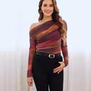 Women's Off The Shoulder Shirts Tie Dye Long Sleeve Mesh Casual Top Trendy Ruched Slim Fitted Tees (XS)