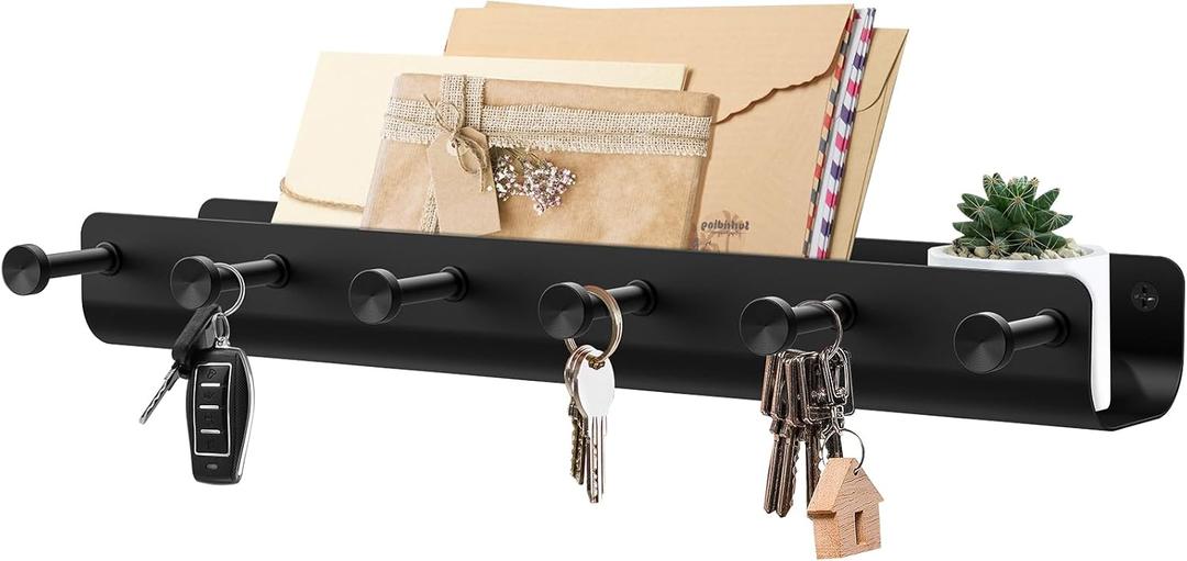 Key Holder Wall Mount, Black Metal Key Rack with Tray Narrow Key Holder with Shelf Key Organizer Wall Key Hanger with 6 Key Hooks for Entryway Doorway Hallway Camper Large