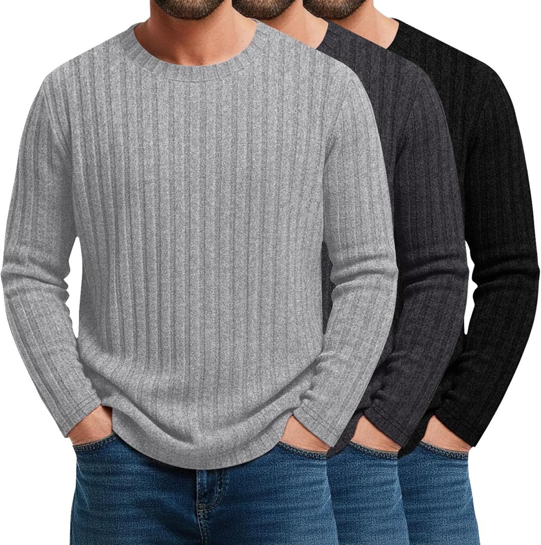 August Alley 3 Pack Men's Long Sleeve T-Shirts Ribbed Knit Top Pullover Crewneck Casual Sweater Stretchy Undershirt Tee (Light Gray, Charcoal Gray, Black, X-Large)