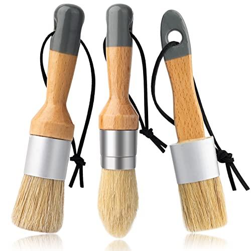 Mister Rui Chalk Wax Paint Brush, 3pcs, Chalk Paint Brushes for Furniture, Small Wax Brush for Acrylic Paint, Milk Paint, Natural Bristles Stencil Brushes, No Shedding