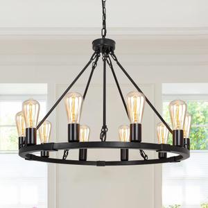 26.9" 10-Light Black Wagon Wheel Chandelier, Farmhouse Round Chandelier for High Ceiling Rustic Industrial Pendant Light Fixture for Kitchen Island Living Room Dining Room Entryway Bedroom Foyer