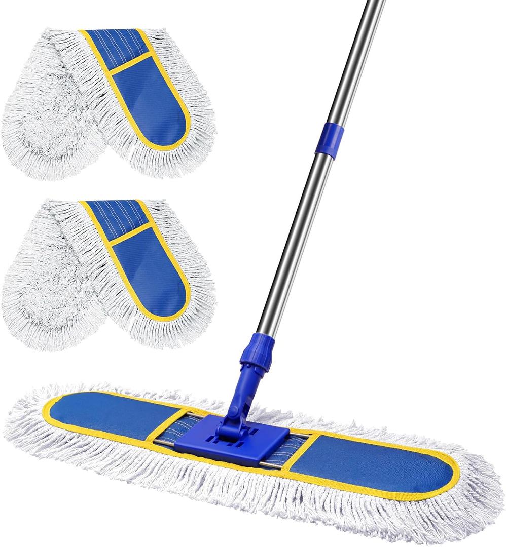 29.5" Commercial Dust Mop for Floor Cleaning,Heavy Duty Floor Duster with 2 Cotton Reusable Mop Pads,61 Long Handle Wet Dry Flat Mops for Hardwood Floors,Marble, Laminate,Tile,Concrete,Garage (Blue)