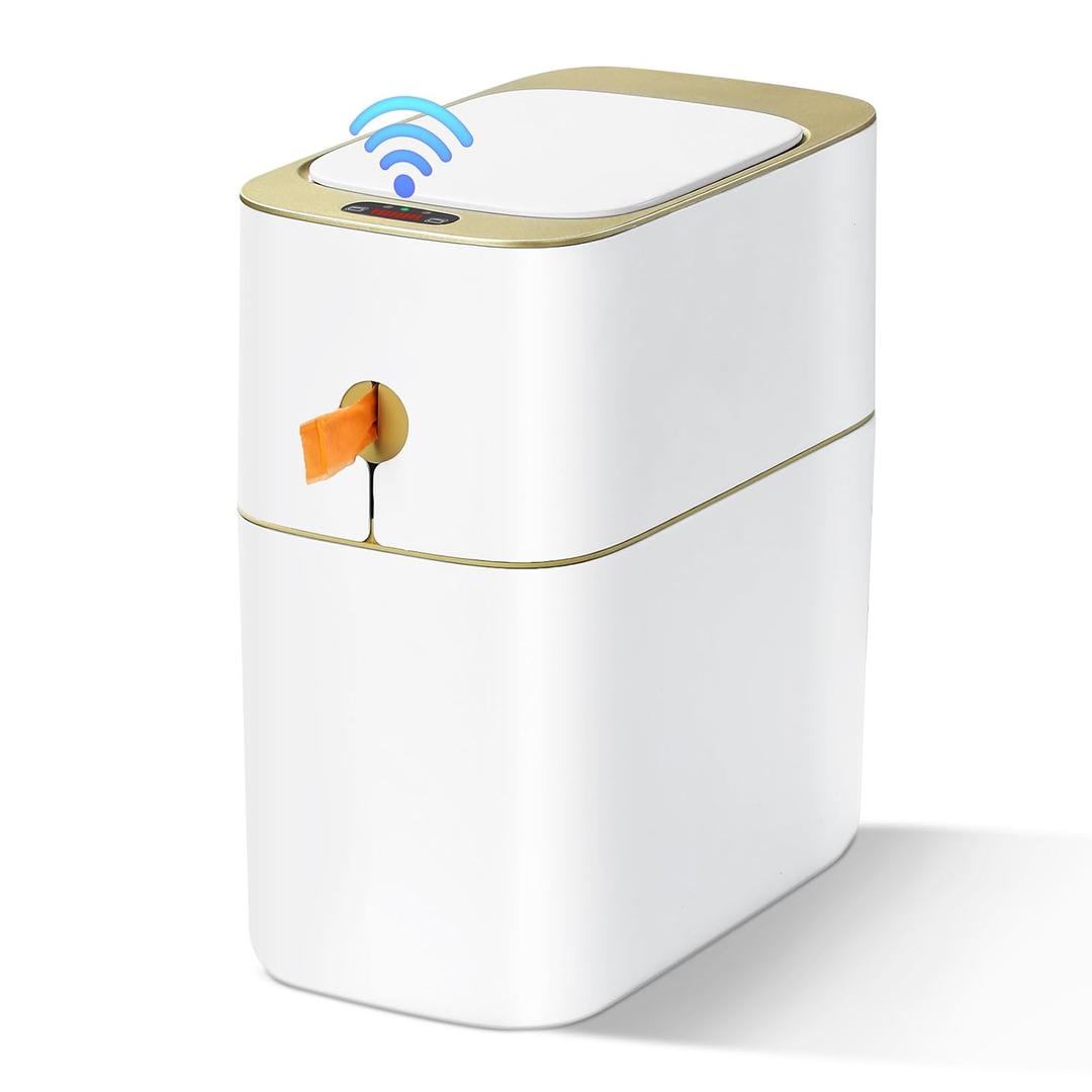 Touchless Bathroom Trash Can with Lid, 3 Gallon / 12L Slim Motion Sensor Garbage Bin, Automatic Waste Basket for Bedroom, Office & Narrow Spaces, White & Gold