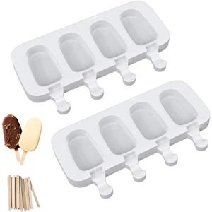 Ouddy Life Popsicle Molds Set of 2, Ice Pop Molds Silicone 4 Cavities Ice Cream Oval Cake Pop Mold with 50 Wooden Sticks for DIY Popsicle, Clear