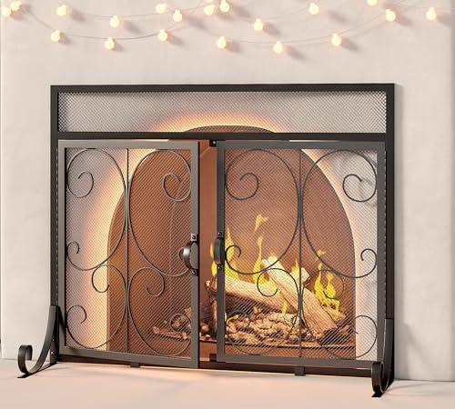 Calidola Large Flat Fireplace Screen with Doors, Wrought Iron Frame with Metal Mesh, Flat Panel Decorative Fireplace Screen with Scroll Design, Free Standing Spark Guard, Black
