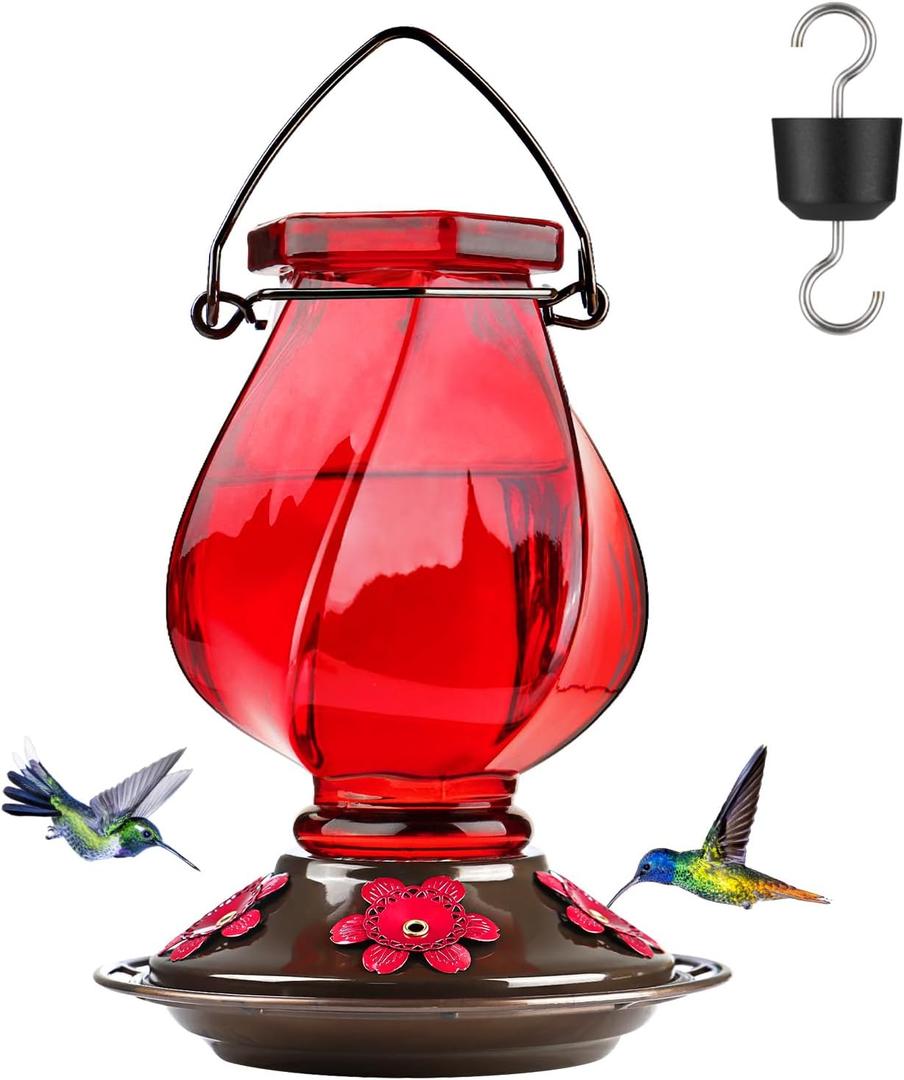 Hummingbird Feeder, BOLITE Glass Hummingbird Feeders for Outdoors Hanging, with Ant Moat and Five Feeding Ports, 22 Ounces, Leak Proof, Red, Birthday Gifts for Women Men, Gifts for Mom Dad
