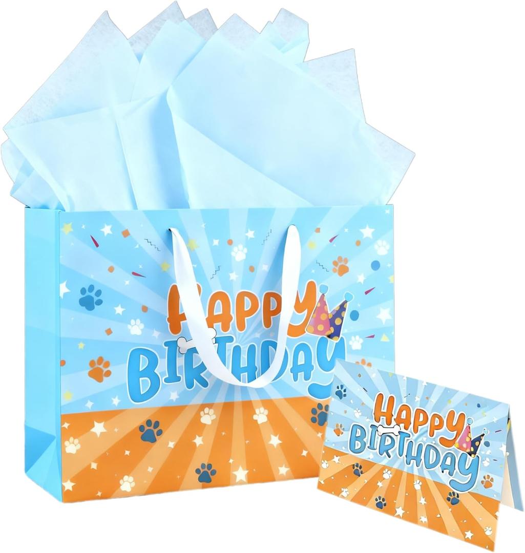 Jadsmpi 13" Large Dog Paw Print Gift Bags with Cards Tissue Paper,Blue Yellow Puppy Paw Print Bag, Cat Dog Pet Theme Birthday Gift Bag Party Supplies Decoration