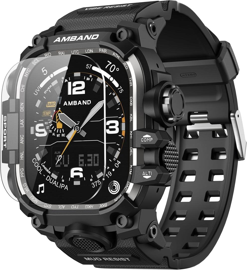 amBand Rugged Case with Band for Apple Watch Ultra 2/1 49mm, M3 Military Grade Shockproof Cover, Includes Screen Protector Kit, Tactical Band for Men - Compatible with iWatch Ultra, Matte Black