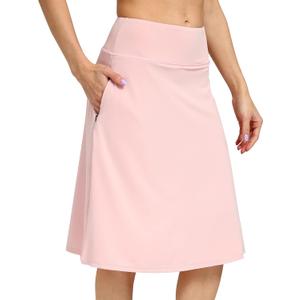 Womens Midi Knee-Length Skirt with Built-in Skorts Hidden Drawstring Zippered Pockets Appropriate for Working Casual Office (X-Large, Pink)