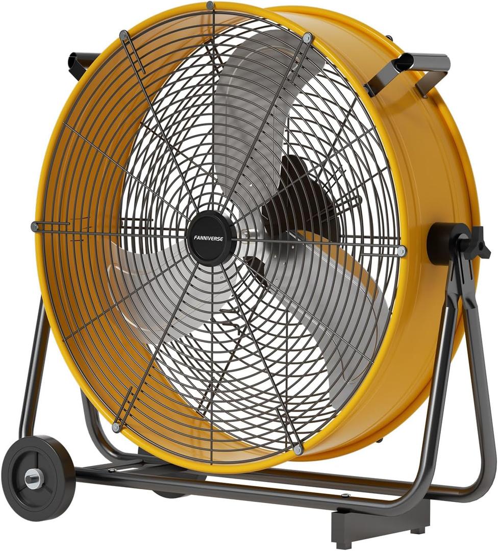24" Industrial Drum Fan, 8800 CFM High-Velocity Floor Fan | 3-Speed Control, 360 Tilt, Heavy-Duty Metal, UL Listed, Easy-Move Wheels for Garage, Gym, Warehouse & Workshop Use, Yellow