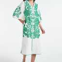 D-Sun Women Floral Embroidered Mid Dress 3/4 Sleeves Casual V-Neck Spring Summer Tunic Loose Zip Party Dress with Pocket (M)